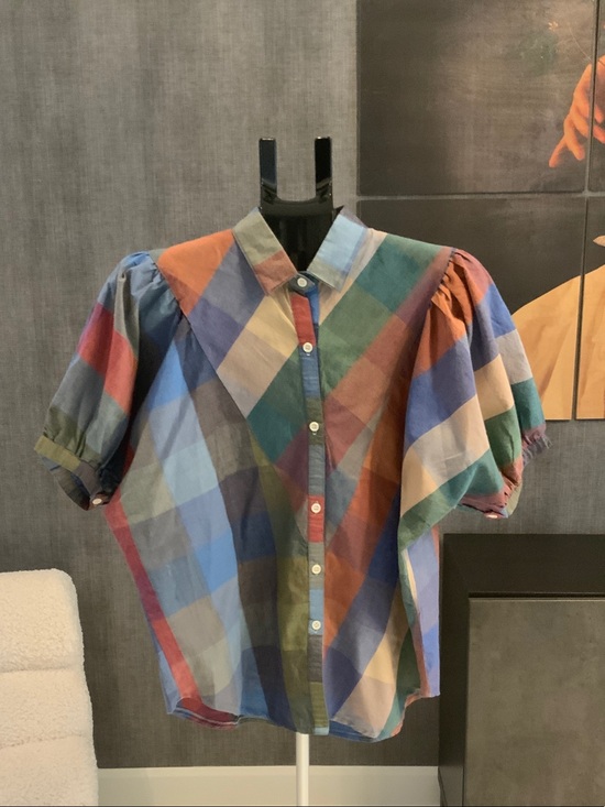 Vintage Tops - Vintage Multicolor Plaid Puff-Sleeve Button-Up Top M